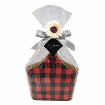 Red Plaid Oval Basket With Side Handle