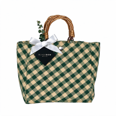 Green Plaid Fabric Tote with Willow Handles