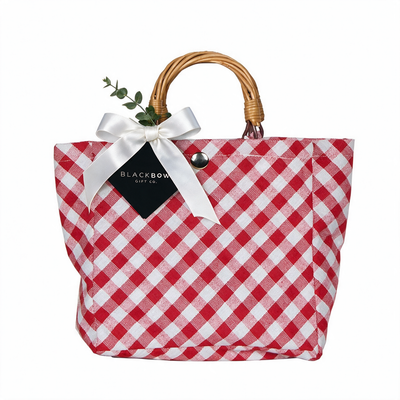 Red Plaid Fabric Tote with Willow Handles