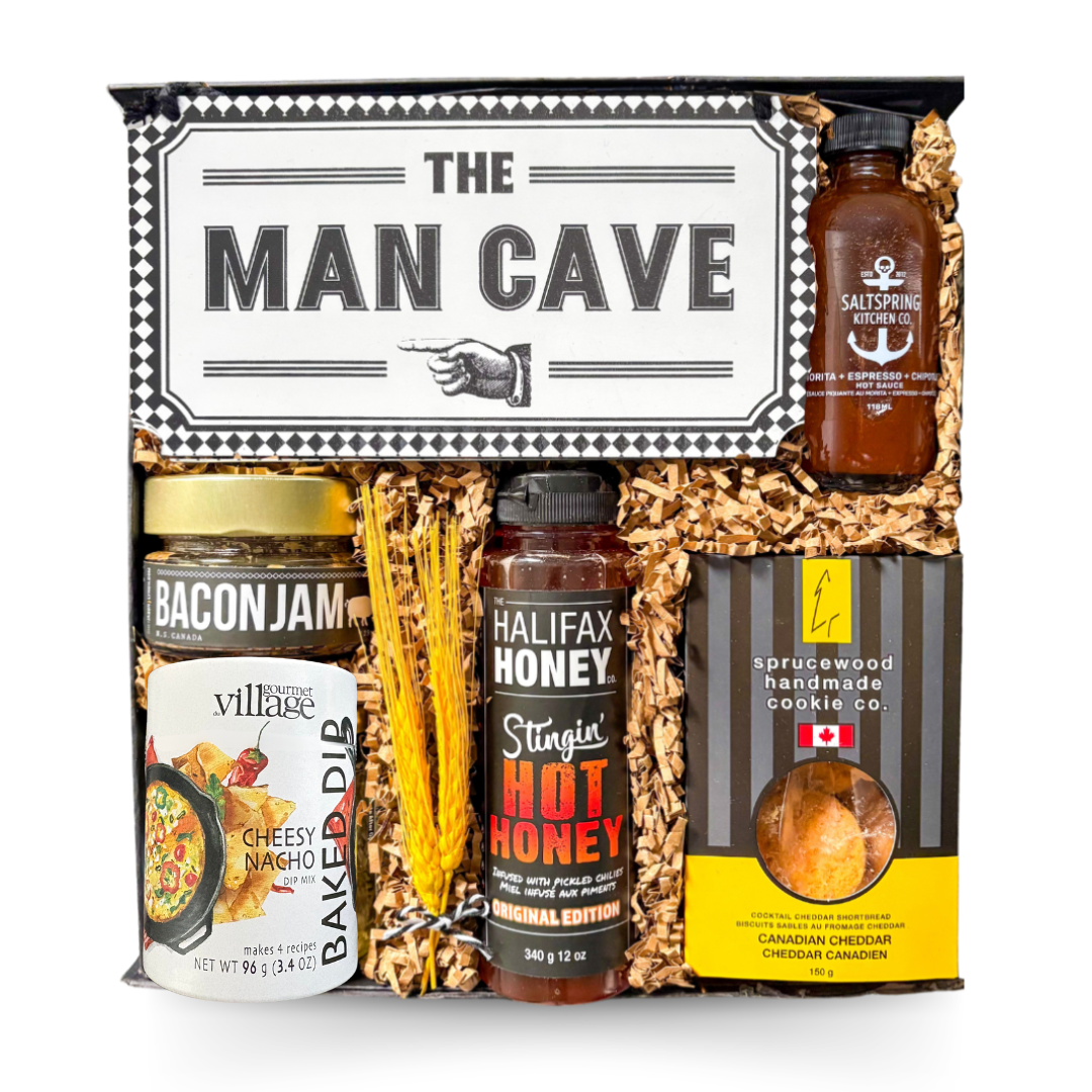 Gourmet gift box for him featuring hot honey, bacon jam, Nacho dip, artisan hot sauce, cheddar shortbread cookies, and elevated black-and-white presentation by Black Bow Gift Co.
