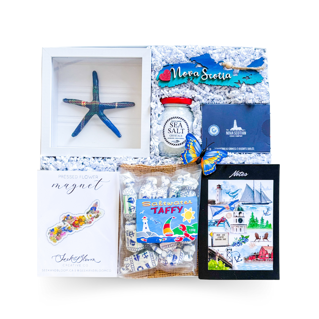 Nova Scotia Gift Boxes, Shipped Gift Boxes Canada, Maritime Themed Gifts, Coastal Gift Sets, Canadian Souvenir Gifts, Local Artisan Gift Boxes, Nova Scotia Made Gifts, Gifts With Saltwater Taffy, Unique Canadian Gifts, Thoughtful Gifts From Nova Scotia, Gifts With Local Treats, Gifts With Sea Salt & Shortbread, East Coast Gift Ideas, Pressed Flower Gifts, Regional Gift Sets Canada, Rustic Maritime Gifts, Souvenir Gift Boxes, Nova Scotia Keepsakes, Handmade Local Gifts, Atlantic Canada Gift Boxes