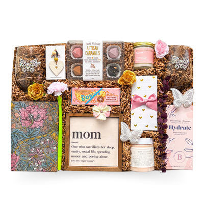 Mom’s Moment luxury Mother’s Day gift box with candle, treats and glasses in an XL gift box by Black Bow Gift Co.