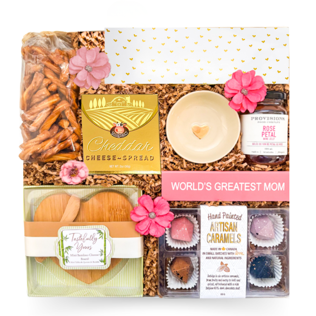 Mom’s Treat Box with gourmet snacks, wooden snack board and keepsake sign by Black Bow Gift Co.