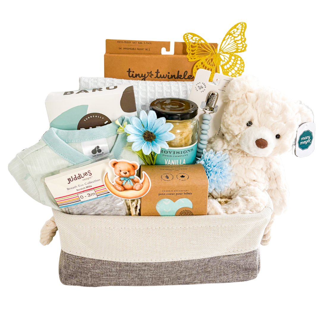Charming, cozy, and curated with care, this sweet bundle welcomes a baby boy with comfort and joy. With soft essentials and thoughtful details for both baby and parents, it’s designed to make those first cuddly days even more special. A heartwarming pick for showers, arrivals, or your next “welcome to the world.”
