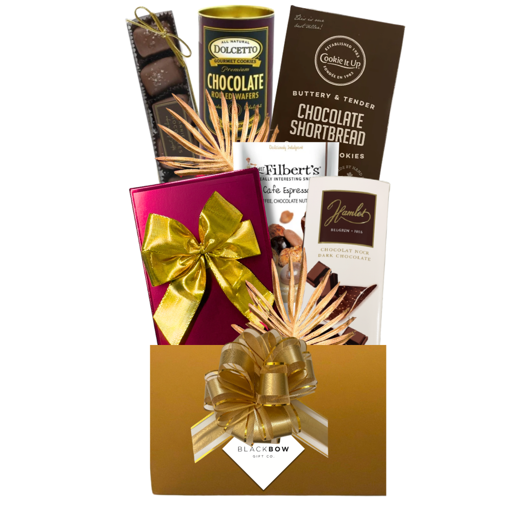 Share the Sweetness gift basket with assorted chocolates, cookies, pretzels and sweet treats in an elegant gold gift container.