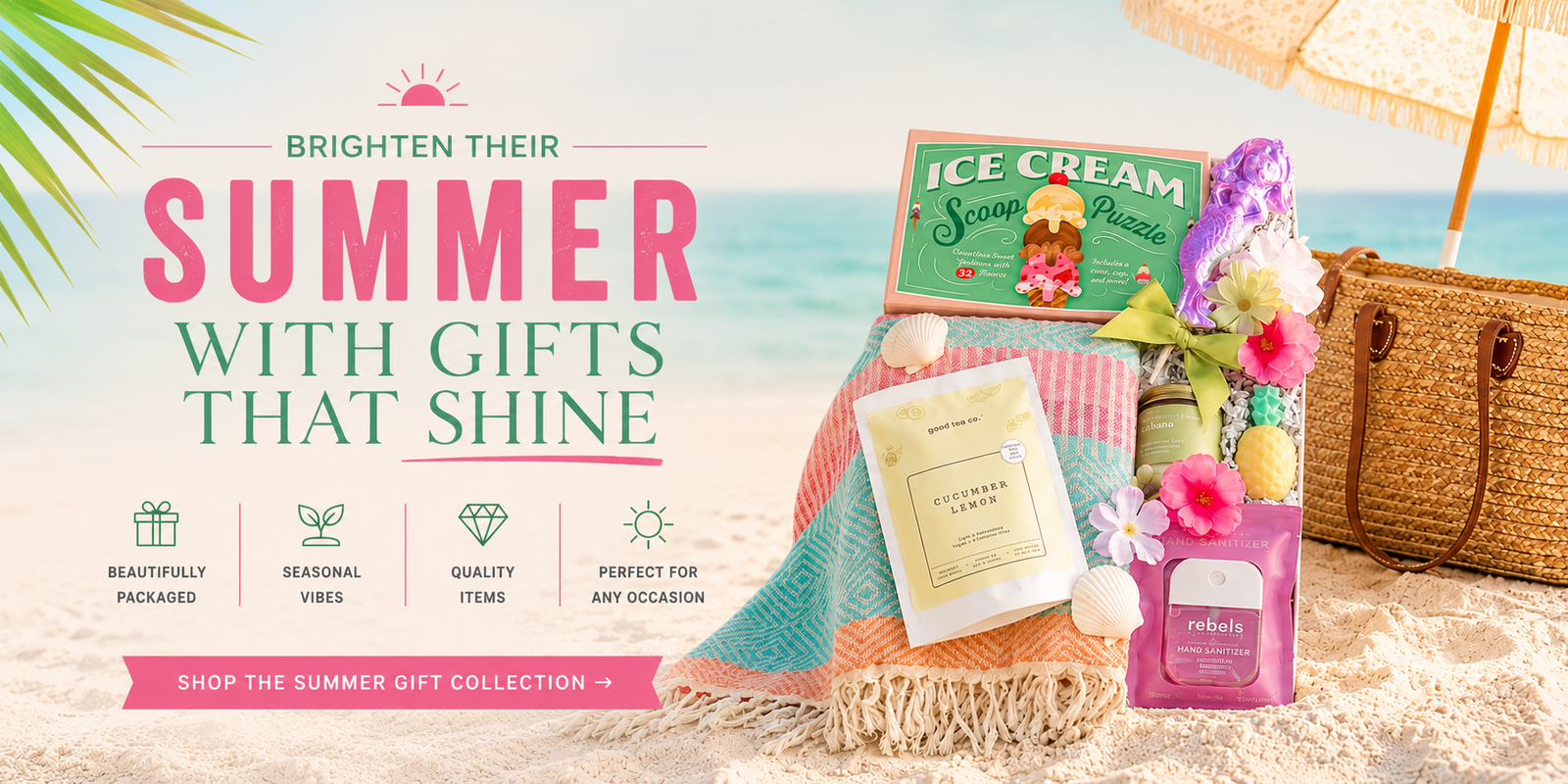 Summer beach-themed gift bundle featuring skincare products, a woven tote bag, flowers, and a colorful towel on a sandy beach background with promotional text.