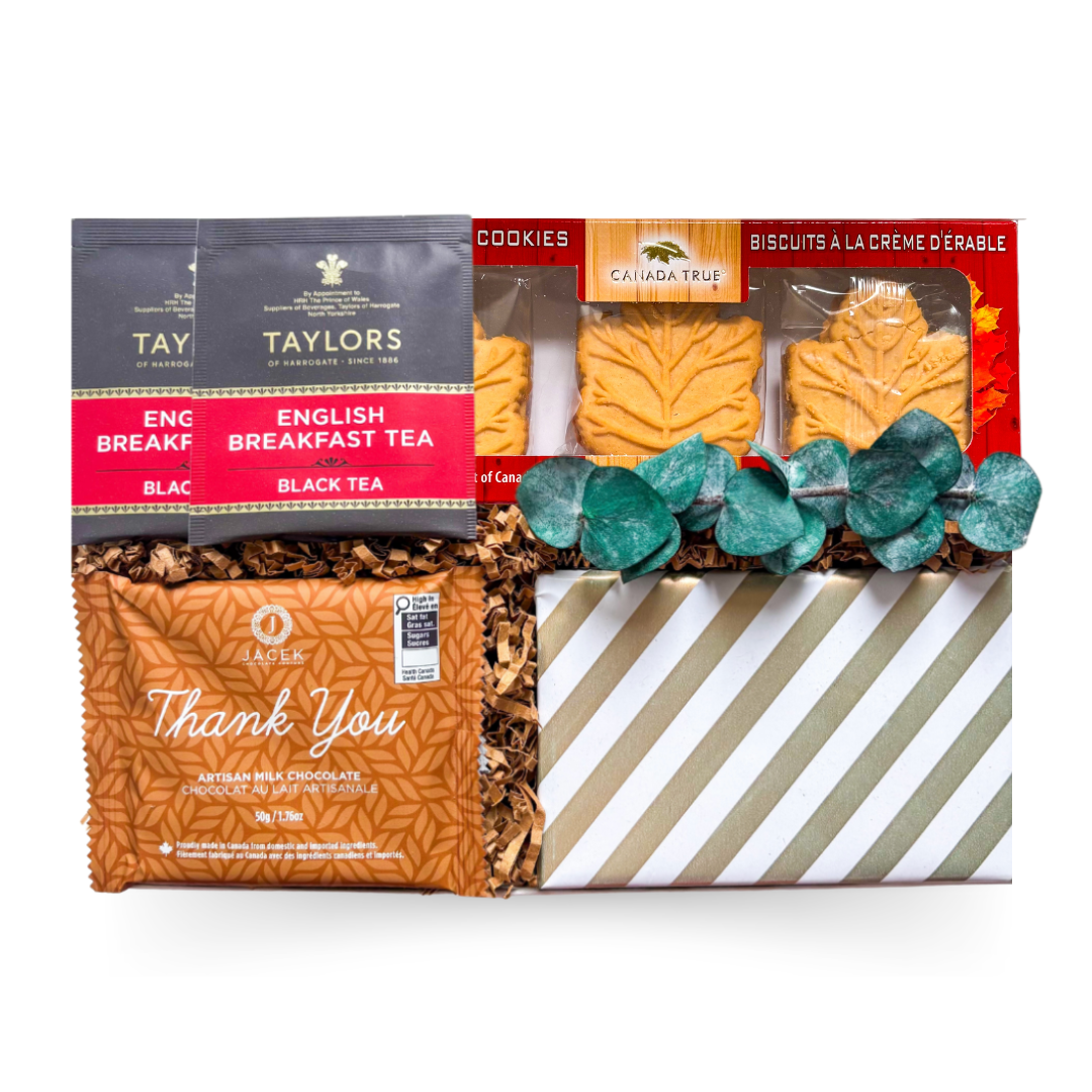 Gourmet thank you window gift box with tea and sweet treats, designed for client and appreciation gifting