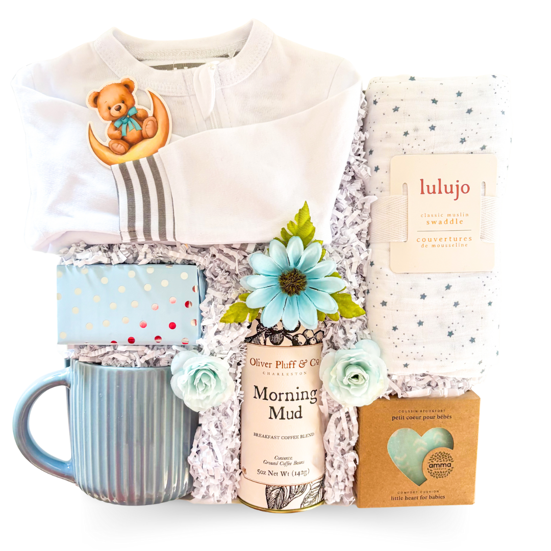 Baby Boy Gift Boxes, Cozy Gift Sets For Newborns, Shipped Gift Boxes Canada, Parent And Baby Gift Boxes, Baby Gift Sets With Coffee, Gift Boxes With Swaddles And Sleepwear, Thoughtful Baby Shower Gifts, Sentimental New Baby Gifts, Heartfelt Gift Boxes For Parents, Gifts With Shortbread And Mugs, Neutral Baby Gift Boxes, Soft Blue Baby Gifts, Welcome Baby Curated Sets, Gifts For First-Time Parents, Ocean-Themed Baby Gifts, Relaxing Newborn Presents, Baby Essentials And Keepsakes
