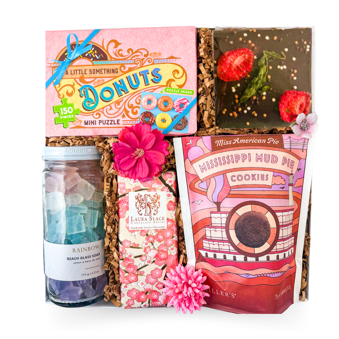 Sweet Statement luxury pink gift box with premium treats and playful celebration accents by Black Bow Gift Co.
