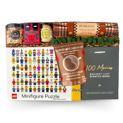 Luxury XL keepsake gift box filled with cozy comfort-food inspired treats, games, puzzles, relaxing activities, and playful coaster accents designed for unplugging, gathering, and meaningful moments during cozy nights in or cottage weekends.