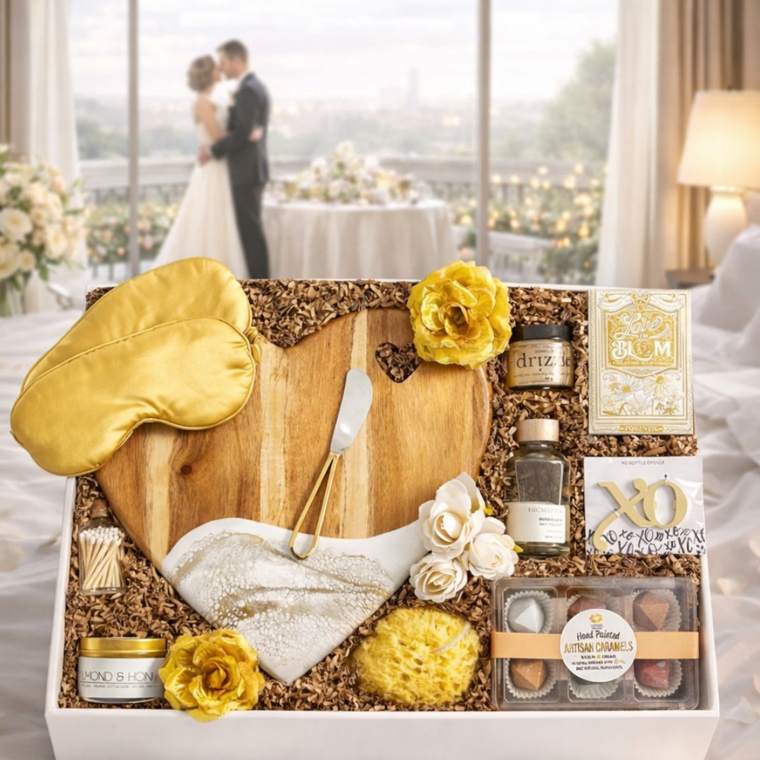 Gift box with various items including a wooden cutting board, gold eye mask, and decorative flowers, set against a blurred background of a couple in a room.