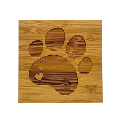Bamboo Coasters with Paw Print & Hearts (Set of 2)