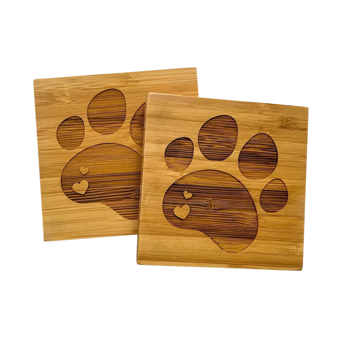 Bamboo Coasters with Paw Print & Hearts (Set of 2)