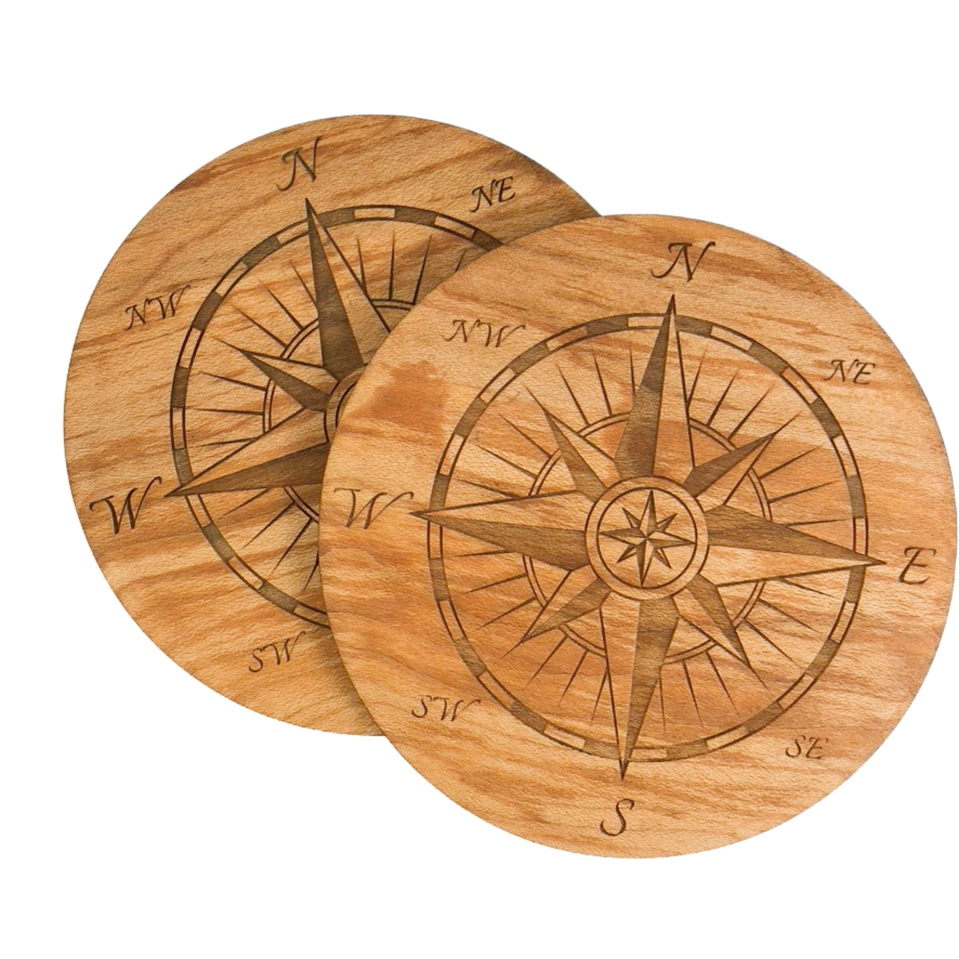 Set Of Two Birch Coasters With Compass Design