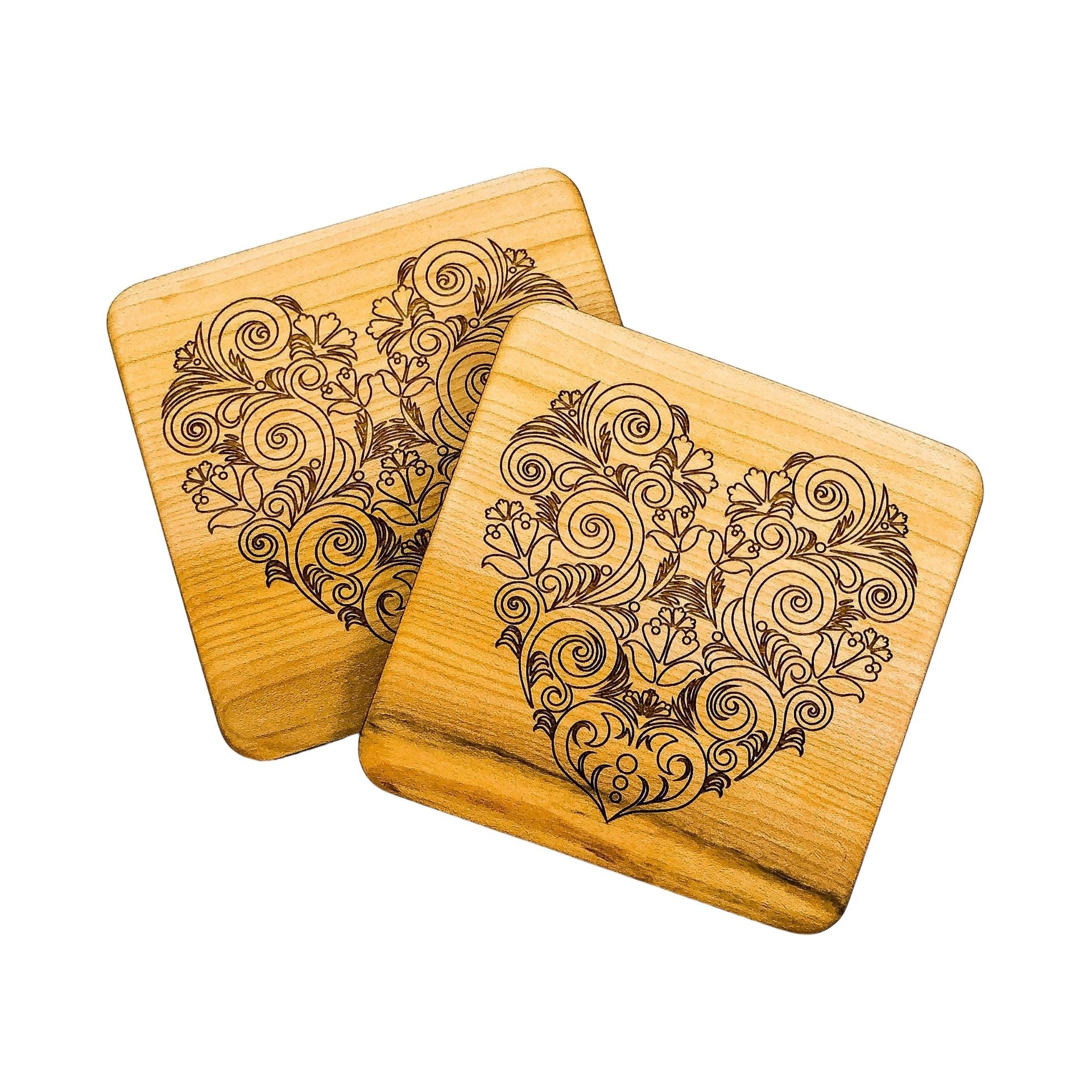 Set Of Two Birch Coasters With Heart Design
