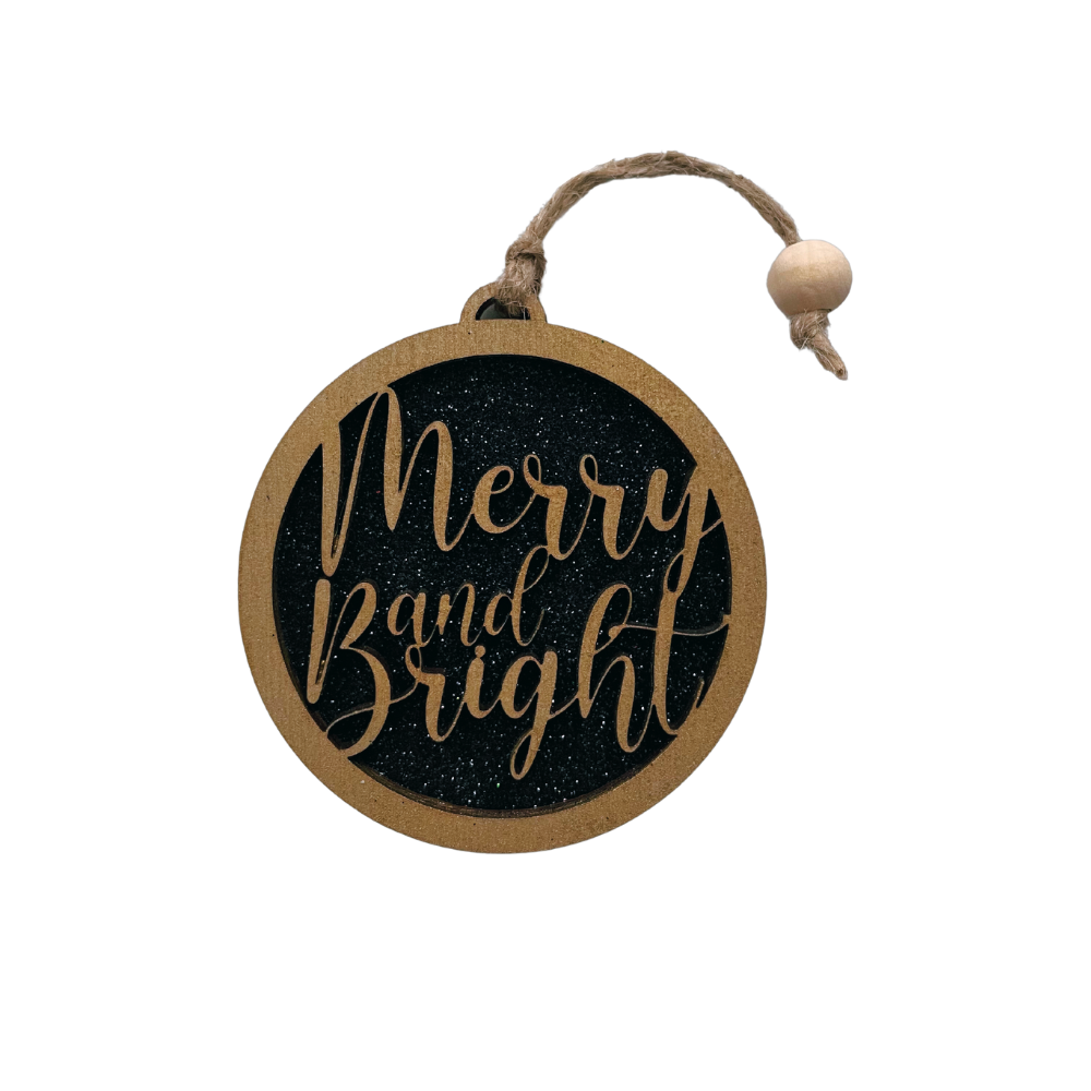 Merry And Bright Gold Sparkle Wood Ornament (Exclusive To Black Bow Gift Co.)