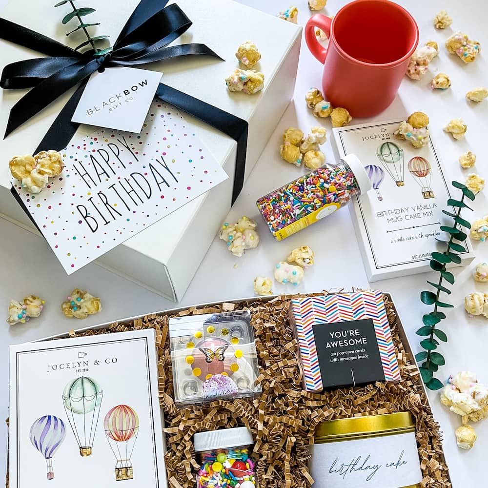 Birthday gift boxes, popcorn, sprinkles