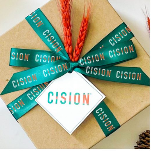 Custom printed ribbon and tag on a gift box