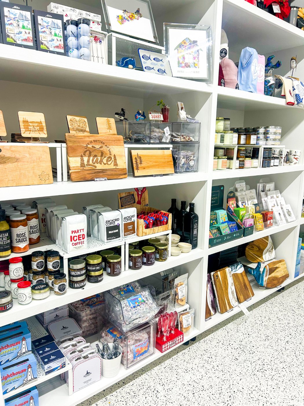 Products displayed on shelves in the Black Bow studio in Dartmouth, Nova Scotia.